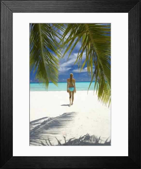 Framed Print : Young woman walking on beach, Maldives, Indian Ocean, Asia Framed Print : Young woman walking on beach, Maldives, Indian Ocean, Asia