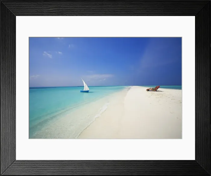 Framed Print : Dhoni and lounge chairs on tropical beach, Maldives, Indian Ocean, Asia Framed Print : Dhoni and lounge chairs on tropical beach, Maldives, Indian Ocean, Asia