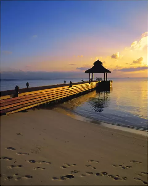 Jetty on the beach at sunset, Maldives, Indian Ocean, Asia