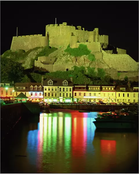Mont Orgueil and harbour by night, Gorey, Jersey, Channel Islands, United Kingdom, Europe