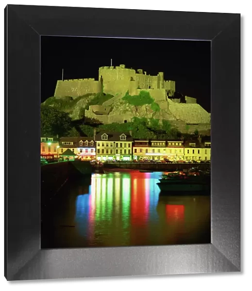 Mont Orgueil and harbour by night, Gorey, Jersey, Channel Islands, United Kingdom, Europe