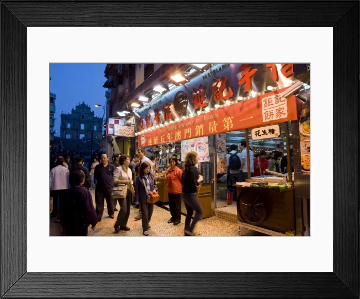 Framed Print : Street scene and St. Pauls cathedral in distance, Macau, China, Asia Framed Print : Street scene and St. Pauls cathedral in distance, Macau, China, Asia