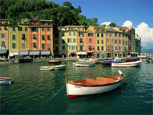 Moored boats and architecture of Portofino, Liguria, Italy, Mediterranean, Europe