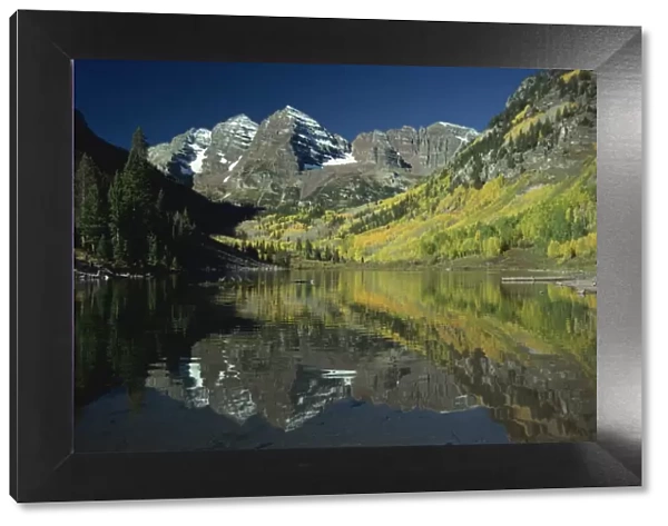 Maroon Bells reflected in lake, near Aspen, Colorado, United States of America