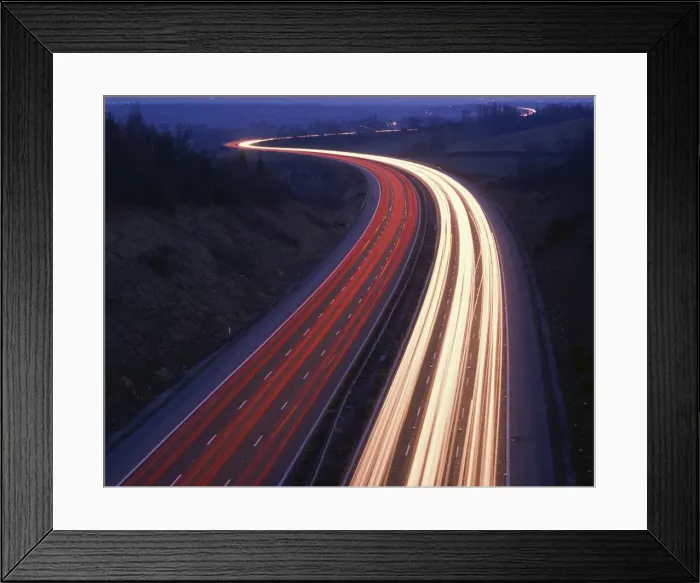 Framed Print : Light trails on a road at night in Surrey, England, United Kingdom, Europe Framed Print : Light trails on a road at night in Surrey, England, United Kingdom, Europe