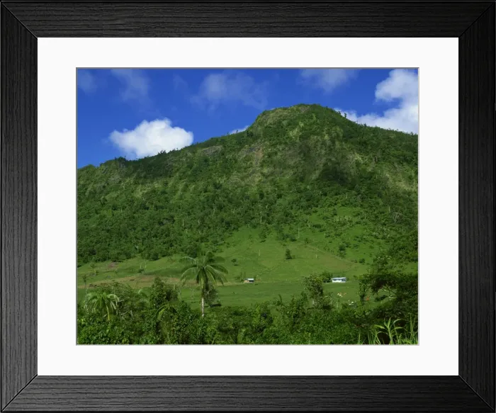 Framed Print : Landscape of lush vegetation and small houses in the interior of the island near Le Mafa Pass Framed Print : Landscape of lush vegetation and small houses in the interior of the island near Le Mafa Pass