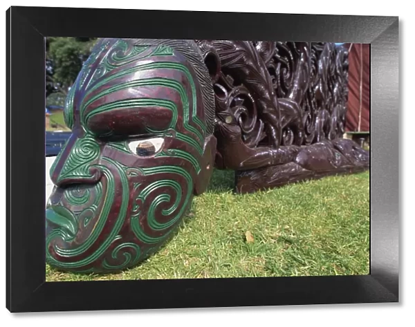 Maori carving of a face, canoe, Okahu Bay, Auckland, North Island, New Zealand, Pacific