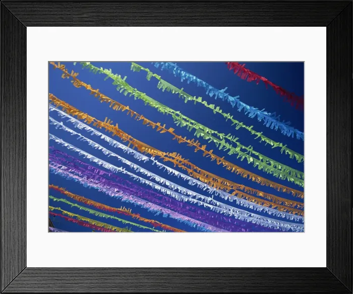 Framed Print : Coloured streamers decorating village for fiesta, Banyalbufar, Majorca Framed Print : Coloured streamers decorating village for fiesta, Banyalbufar, Majorca