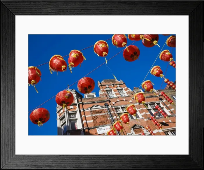 Framed Print : Lisle Street, Chinatown, during the Chinese New Year celebrations, decorated with colourful Chinese lanterns, Soho, London, England, United Framed Print : Lisle Street, Chinatown, during the Chinese New Year celebrations, decorated with colourful Chinese lanterns, Soho, London, England, United