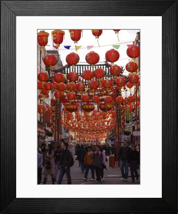 Framed Print : Gerrard Street, Chinatown, during Chinese New Year celebrations colourful lanterns decorate the surrounding streets, Soho, London, England, United Framed Print : Gerrard Street, Chinatown, during Chinese New Year celebrations colourful lanterns decorate the surrounding streets, Soho, London, England, United