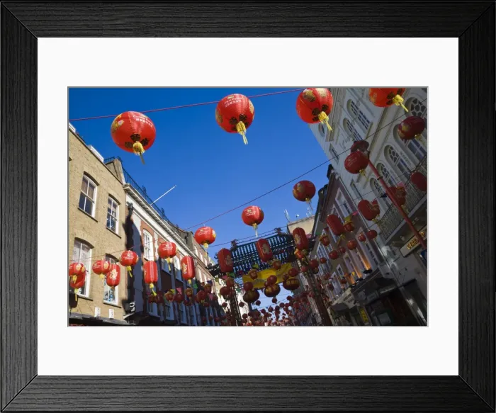 Framed Print : Gerrard Street, Chinatown during Chinese New Year celebrations, decorated with colourful Chinese lanterns, Soho, London, England, United Framed Print : Gerrard Street, Chinatown during Chinese New Year celebrations, decorated with colourful Chinese lanterns, Soho, London, England, United