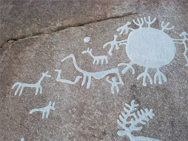 Sun disk symbol with animals, Hallristningar rock carvings dating from between 1500