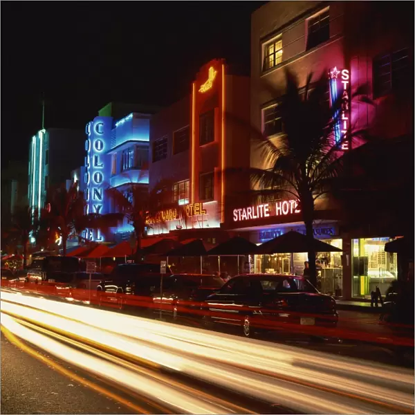 Ocean Drive illuminated with hotel neon signs, Art Deco District, Miami Beach