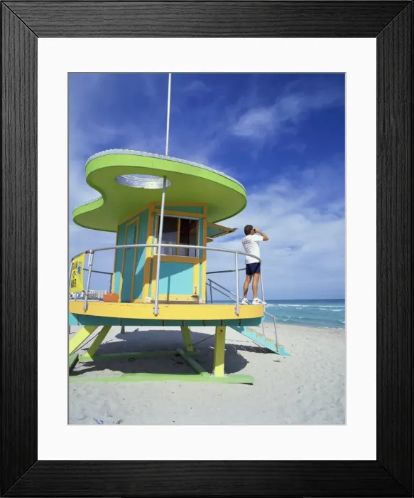 Framed Print : Lifeguards hut with man looking out to sea with binoculars, South Beach Framed Print : Lifeguards hut with man looking out to sea with binoculars, South Beach