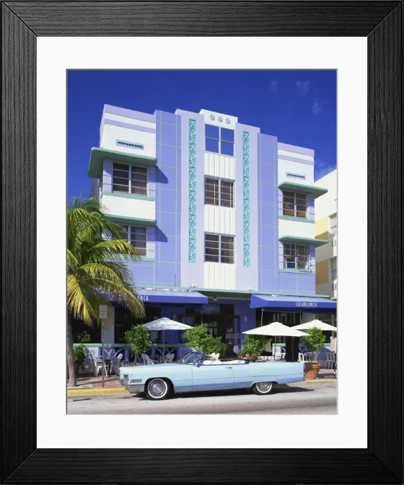 Framed Print : Classic American car outside the Casablanca Hotel, Ocean Drive, Art Deco District Framed Print : Classic American car outside the Casablanca Hotel, Ocean Drive, Art Deco District