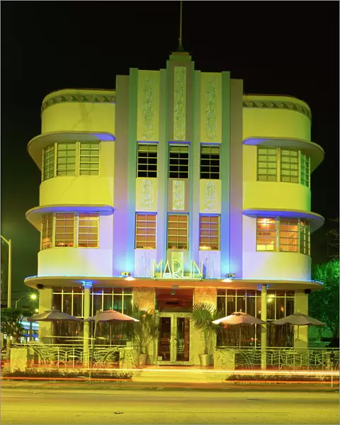 The Marlin Hotel illuminated at night, Ocean Drive, Art Deco District, Miami Beach