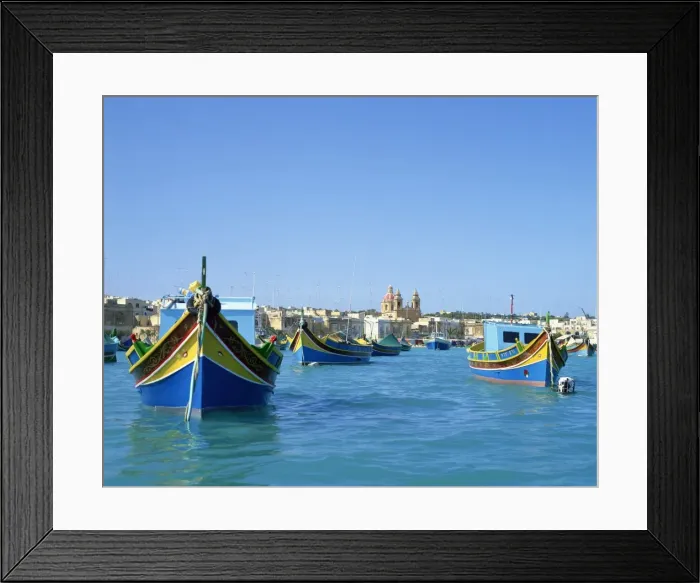 Framed Print : Painted boats in the harbour at Marsaxlokk, Malta, Mediterranean, Europe Framed Print : Painted boats in the harbour at Marsaxlokk, Malta, Mediterranean, Europe