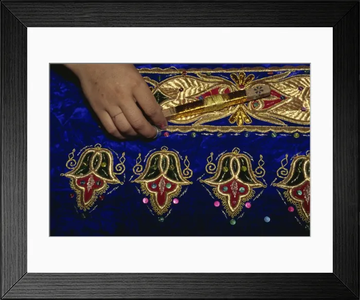 Framed Print : Detail of gold embroidery work in embroidery factory, Bukhara, Uzbekistan Framed Print : Detail of gold embroidery work in embroidery factory, Bukhara, Uzbekistan