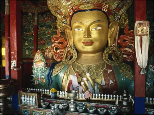 Maitreya (the future Buddha) statue, 15m tall, Tikse Gompa, Ladakh, India, Asia
