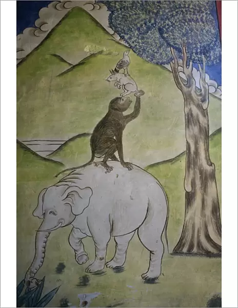 Wall painting showing animal interdependence, Hemis Monastery, Ladakh, India, Asia