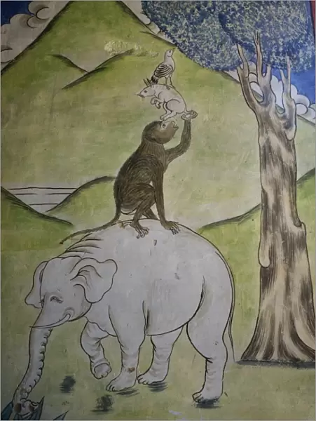 Wall painting showing animal interdependence, Hemis Monastery, Ladakh, India, Asia