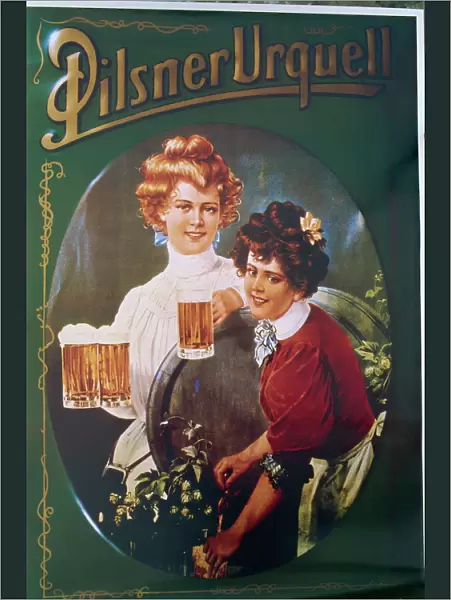 Old beer poster, Plzen, West Bohemia, Czech Republic, Europe