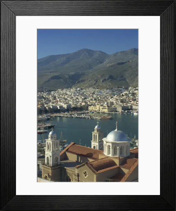 Framed Print : Aerial view over church, and beyond, the harbour and town of Kalimnos, Kalimnos Island Framed Print : Aerial view over church, and beyond, the harbour and town of Kalimnos, Kalimnos Island