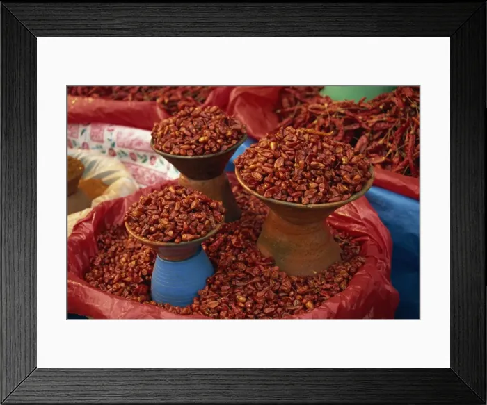 Framed Print : Dried red chillis in bowls for sale at San Cristobal de las Casas in Chiapas state Framed Print : Dried red chillis in bowls for sale at San Cristobal de las Casas in Chiapas state