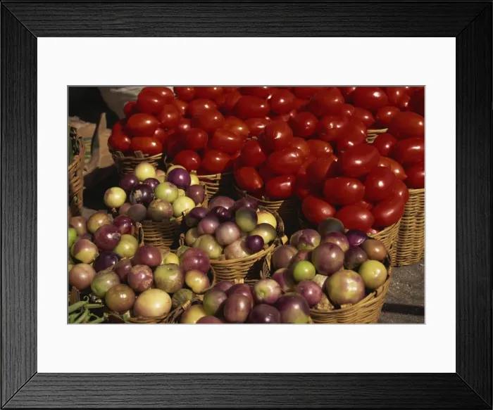 Framed Print : Baskets of vegetables and tomatoes for sale in a market in the city of Oaxaca Framed Print : Baskets of vegetables and tomatoes for sale in a market in the city of Oaxaca