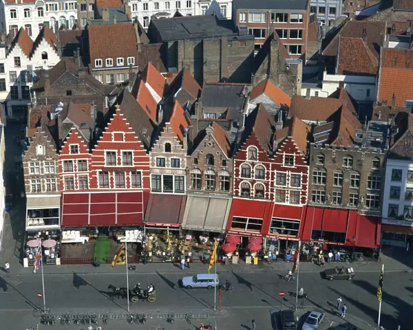 Aerial view of cafe facades, Market Square, Bruges, Belgium, Europe