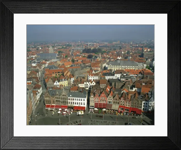 Framed Print : Aerial view of cafe facades, Market Square, Bruges, Belgium, Europe Framed Print : Aerial view of cafe facades, Market Square, Bruges, Belgium, Europe