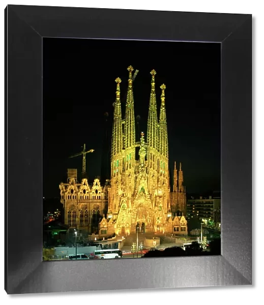The Sagrada Familia, the Gaudi cathedral, illuminated at night in Barcelona