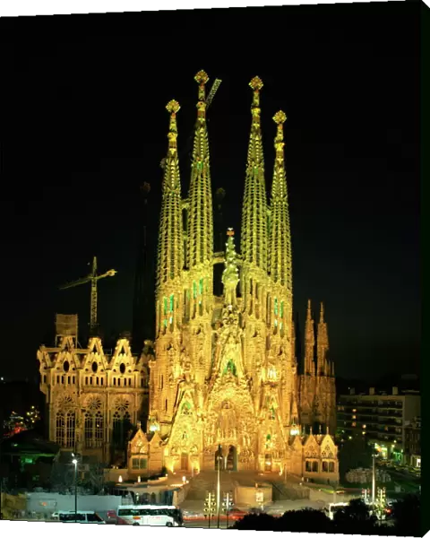 The Sagrada Familia, the Gaudi cathedral, illuminated at night in Barcelona