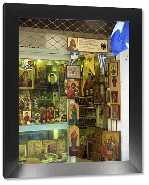 Icons, paintings and religious artefacts for sale in a shop in the Plaka district of Athens