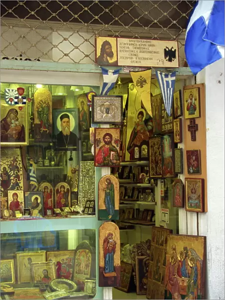 Icons, paintings and religious artefacts for sale in a shop in the Plaka district of Athens