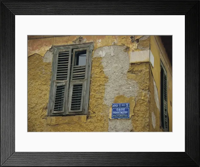 Framed Print : Street sign and shutters on an old building in the Plaka area of Athens, Greece, Europe Framed Print : Street sign and shutters on an old building in the Plaka area of Athens, Greece, Europe