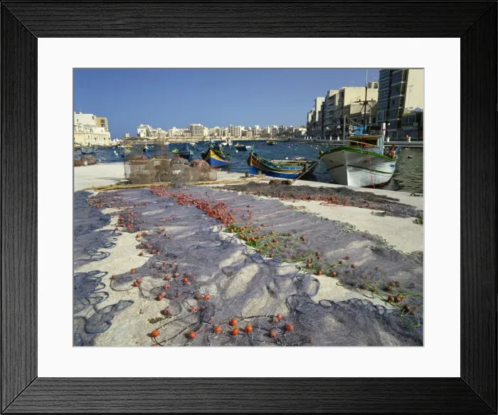 Framed Print : Fishing nets drying in the sun in St. Julians Bay, Malta, Mediterranean, Europe Framed Print : Fishing nets drying in the sun in St. Julians Bay, Malta, Mediterranean, Europe