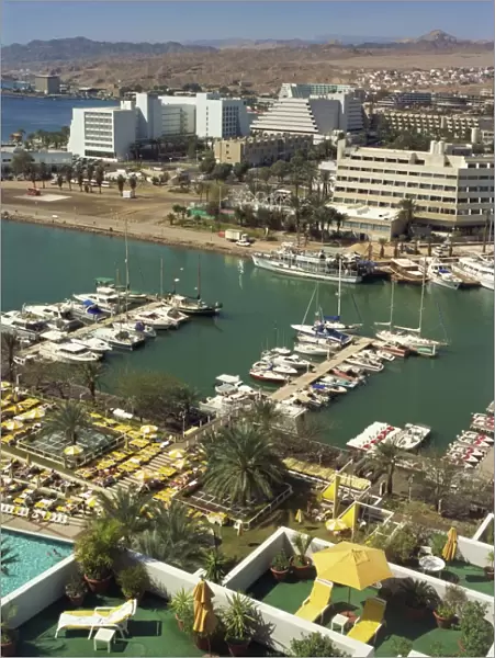 Aerial view over the marina, with arid hills in background, at Eilat, Israel, Middle East
