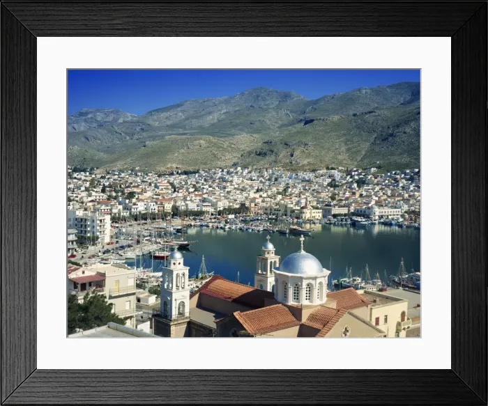 Framed Print : Silver domes of church with the port and town of Kalimnos behind, with hills in the background Framed Print : Silver domes of church with the port and town of Kalimnos behind, with hills in the background