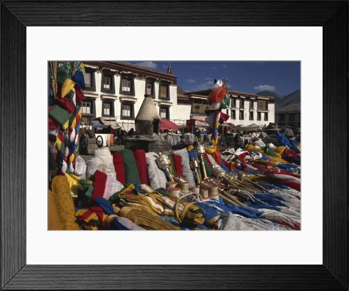 Framed Print : Prayer wheels and flags for sale in the Barkor market in Lhasa, Tibet, China, Asia Framed Print : Prayer wheels and flags for sale in the Barkor market in Lhasa, Tibet, China, Asia