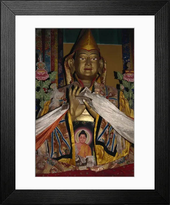 Framed Print : Statue with scarves and offerings of money in Ganden monastery, Tibet, China, Asia Framed Print : Statue with scarves and offerings of money in Ganden monastery, Tibet, China, Asia