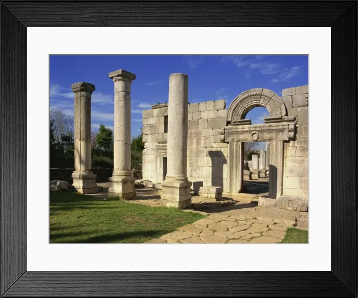 Framed Print : Columns, walls and door with arch in the 2nd Temple Synagogue at Kfar Baram in Upper Galilee