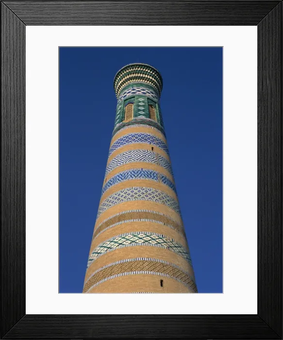 Framed Print : Architectural details of bricks and tiles on the Islom-Huja minaret in Khiva Framed Print : Architectural details of bricks and tiles on the Islom-Huja minaret in Khiva