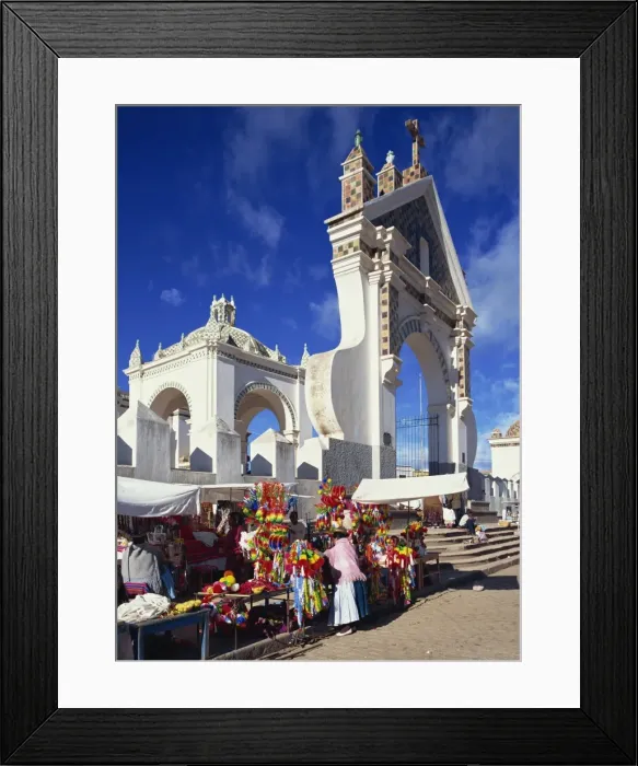 Framed Print : Market stalls before the entrance to the Cathedral, Copacabana, Bolivia, South America Framed Print : Market stalls before the entrance to the Cathedral, Copacabana, Bolivia, South America