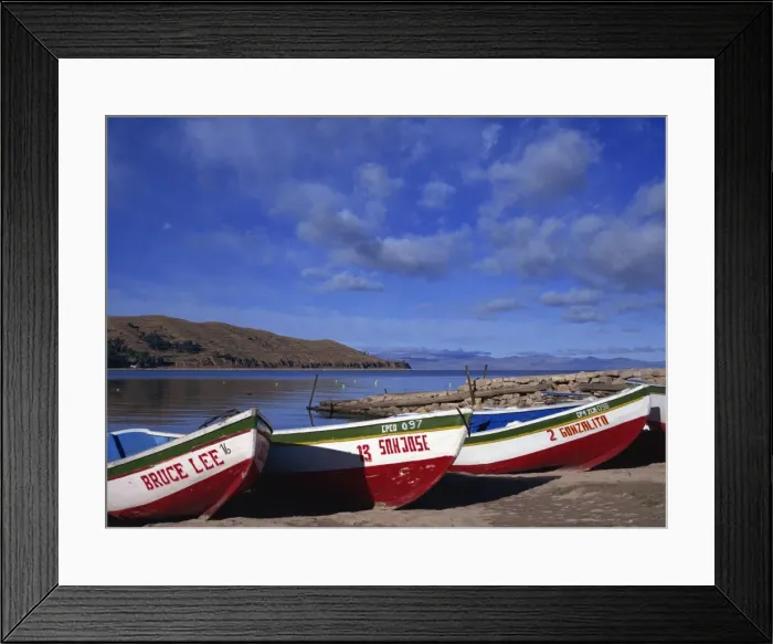 Framed Print : Three fishing boats pulled onto shore of Lake Titicaca, Copacabana, Bolivia