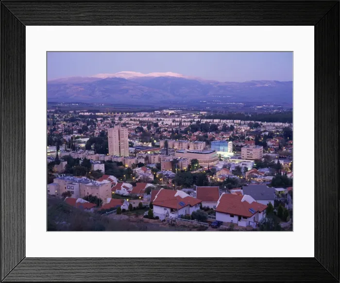 Framed Print : The town of Kiriat Shmona at dusk in the Upper Galilee area, with snow covered Mount Hermon in background, Israel Framed Print : The town of Kiriat Shmona at dusk in the Upper Galilee area, with snow covered Mount Hermon in background, Israel