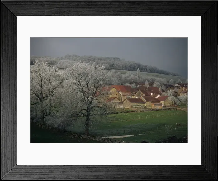 Framed Print : View of village of Chailly with frost covered trees, Bourgogne, France, Europe