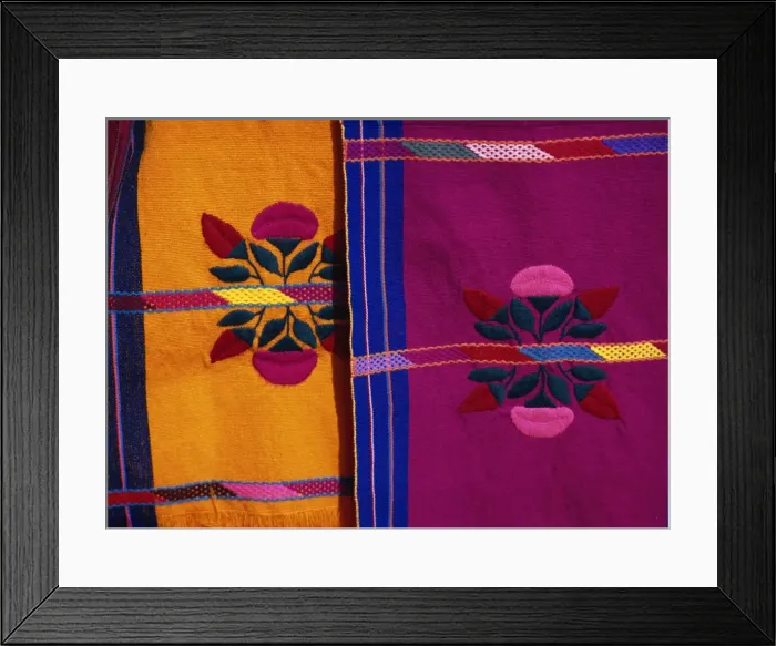 Framed Print : Brightly coloured craft rugs on display at San Cristobal de las Casas, in Chiapas