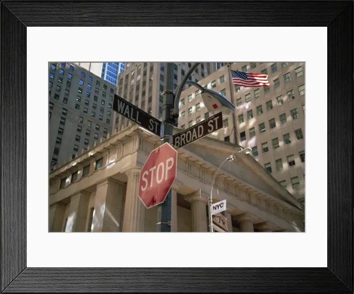 Framed Print : Stop sign at junction of Wall Street and Broad Street, New York City, United States of America Framed Print : Stop sign at junction of Wall Street and Broad Street, New York City, United States of America