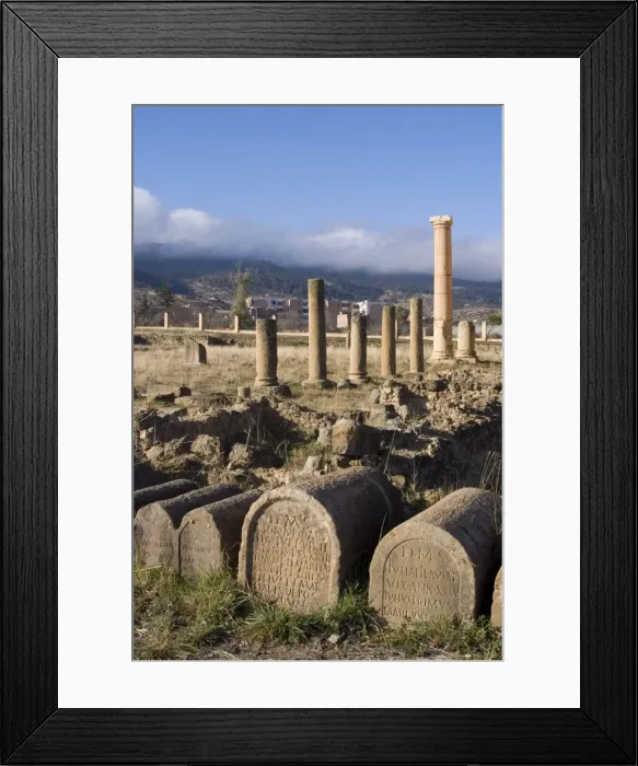 Framed Print : Memorials at the base of the Crossing Hall, at the Roman ruins of the barracks of the Third Augustan Legion, Lambaesis, Algeria, North Framed Print : Memorials at the base of the Crossing Hall, at the Roman ruins of the barracks of the Third Augustan Legion, Lambaesis, Algeria, North